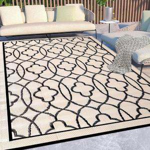 Pendolr 5x8 Outdoor Rug Waterproof Carpet Patio Rug Outdoor Plastic Straw Rug Camping Rug Reversible Outside Outdoor Area Rug for Balcony Deck Backyard RV Picnic Beach Black&Beige 01#