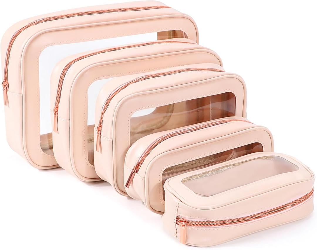 YOPCDJ 5PCS Clear Toiletry Bag, TSA Approved Travel Makeup Pouch with Zipper for Cosmetics and Toiletries, Diaper Bag Organizer Pouch Set, Women's Purse Organizer and Clear Car Bag (Pink)
