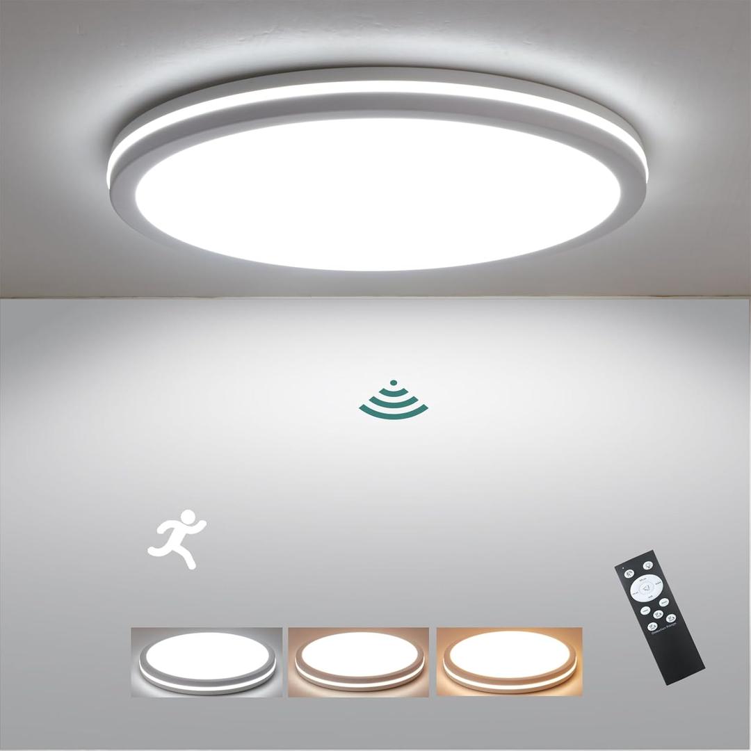 11 Inch Motion Sensor Ceiling Light Indoor, 24w Flush Mount Ceiling Light Fixture 3000K/4000K/6000K, Motion Sensor Lamp Wired Round for Hallway Garage Porch Laundry Basement White