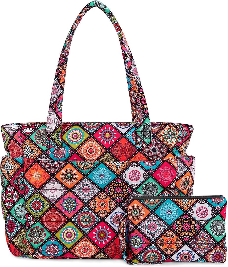 TOPDesign Puffer Tote Bag for Women, Lightweight Puffy Handbag with Compartments, Quilted Shoulder Bag for Work, Travel, Gym (Medium, Yoga)