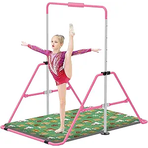 Jivifao Gymnastics Bar with Self-Inflating Mat for Kids, Adjustable Height Gymnastic Horizontal Bars with Mat, Folding Gymnastic Training Monkey Bars, Junior Expandable Training Kip Bar for Home