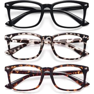 WOWSUN Unisex Stylish Nerd Non-prescription Glasses, Clear Lens Eyeglasses Frames, Fake Glasses (3 Pack: Bright Black+Brown Leopard+Grey Leopard)