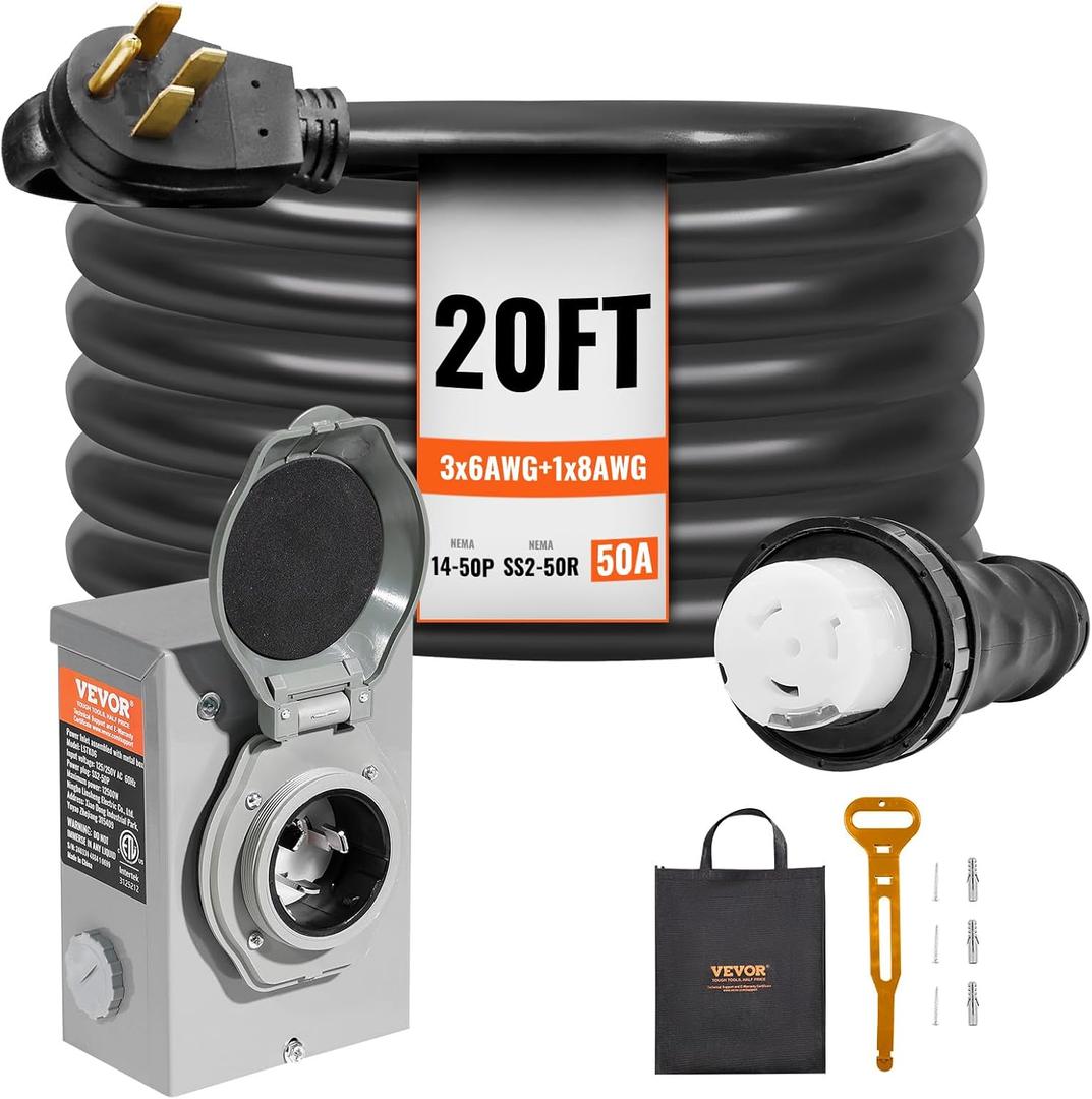 VEVOR 50 Amp Generator Cord and Power Inlet Box Kit, 20FT Generator Extension Cord NEMA 14-50P/SS2-50R STW 6/3+8/1 AWG with Twist Lock Connector, Pre-Drilled Inlet Box, ETL Listed