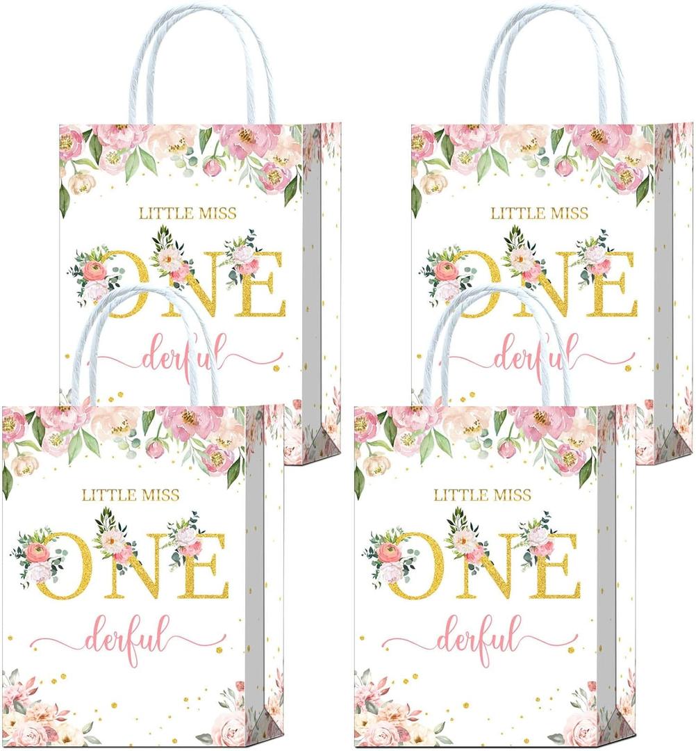 Tyndallrays 16 Pieces Miss Onederful One First Birthday Party Favors Bags,Onederful 1st Birthday Girl Gift Snacks Treat Candy Party Favors Bags with Handles for Girls 1st Birthday Party Decorations