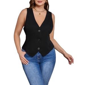 SOLY HUX Women's Plus Size Button Up Suit Vest Blazer V Neck Sleeveless Waistcoat Plain Black 0XL