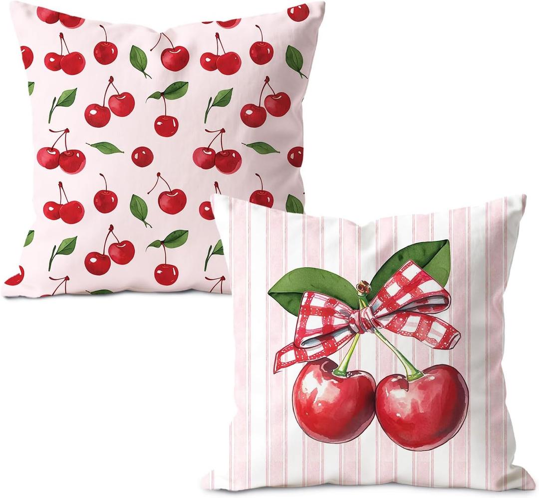 Preppy Pink Cherry Pillow Cover 18x18, Cherry Room Decor, Coquette Plaid Bow Cute Cherries Fruit Decorative Pillow Covers for Girls Bedroom Dorm Apartment Home, Set of 2