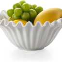 Large Decorative Bowl, 10 inches Porcelain Fruit Bowl for Kitchen Counter HandCrafted Ruffle Bowl for Home Decor Stylish Flower Dish for Party, White