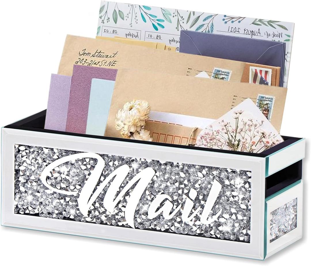 Crushed Diamond Mail Organizer, Crystal Mail Organizer Countertop, Mirror Letter Holder, Mail Tray, Mail Holder Box for Desk, Mail Holder for Wall