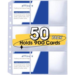 9 Pocket Card Sleeves, Holds 900 Cards, Trading Card Binder Sleeves, 3 Ring 9 Pocket Pages for Sports Cards, Coupons, Game Cards, 50 Pack