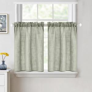 MIULEE Spring Farmhouse Short Curtains 36 Inch Length Half Window Curtain Semi Sheer Linen Drapes for Kitchen Bathroom Basement Cafe Small Window, Rod Pocket Tier Curtains 2 Panels W26XL36, Sage
