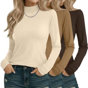 3 Pack Cotton Women's Mock Turtleneck Shirts Long Sleeve Mock Neck Tops Casual Pullover Basic Tees Undershirt (X-Large, Apricot, Khaki, Brown)
