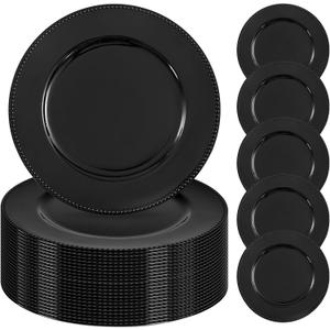 24 Pcs Black Charger Plates Bulk,13 inch Round Beaded Plate Chargers for Dinner Plates, Decorative Dinner Chargers Plastic Table Chargers for Wedding Holiday Party Baby Shower Event Decoration (Black)
