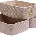 MiniArk Large Shallow Organizing Baskets 15x11x5.1 Inches - Rope Woven Storage Bins for Bathroom, Shelves, Cube Closet, Mixed Brown 3 Packs (Natural)