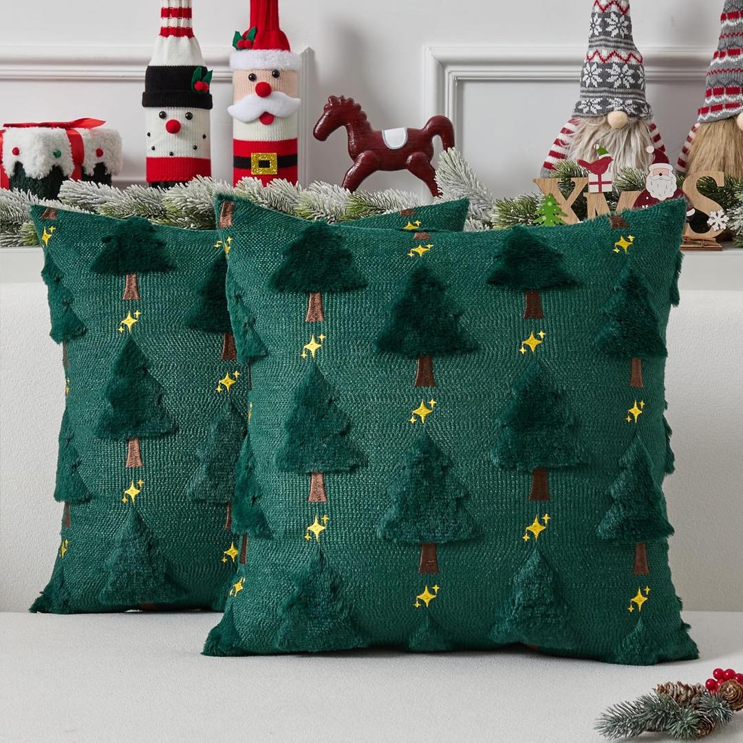 UGASA Star Christmas Decorative Pillow Covers 18x18 Inch Set of 2 Soft Plush Faux Fur Jacquard Throw Pillows Pillowcases for Couch Sofa Holiday Festivals Winter Home Decor, Dark Green