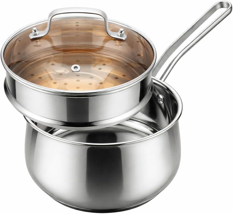 2.5QT Stainless Steel Saucepan with Steamer Basket and Glass Lid, 18/8 Food Grade Small Soup Pot with Steamer Insert, Induction Compatible, Heavy Duty Multi-Purpose Pot for Cooking & Steaming, 2.5 Quarts
