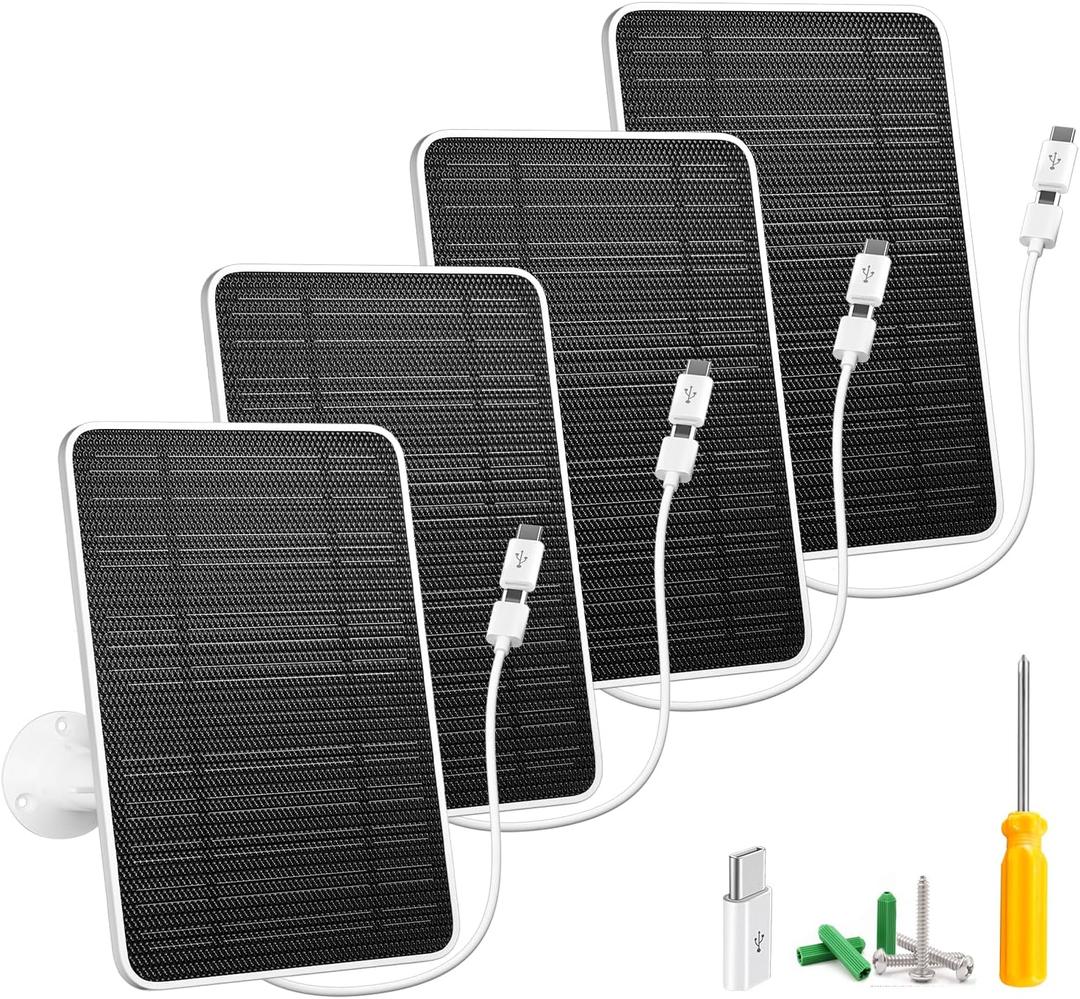 Solar Panel for Security Camera, 5W USB Solar Panel for DC 5V Security Camera, Micro USB & USB-C Port Solar Panel, IP65 Waterproof Solar Charger for Camera,360 Adjustable Mounting 13ft Cable, 4 Pack