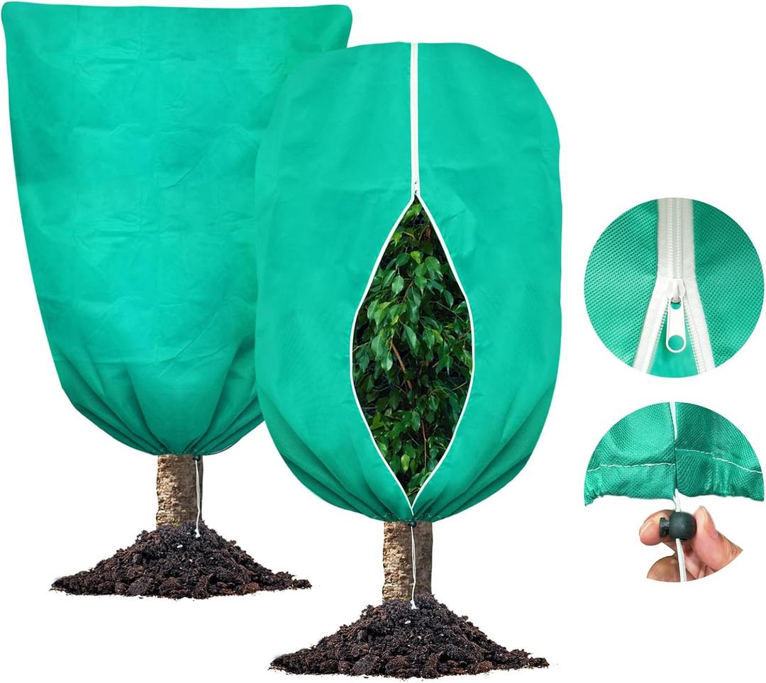 Plant Covers Freeze Protection, 2 Packs 47"W x 70"H Large Frost Cloth Blankets 2.47oz/yd with Zipper Drawstring, Reusable Frost Tree Covers Shrub Jackets for Winter Outdoor Plants Potted Fruit Tree