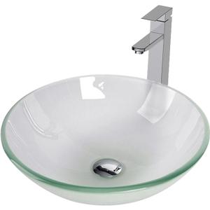Bathroom Vessel Sink, Tempered Glass Vanity Round Bowl with Chrome Faucet and Pop up drain Set, Frosted