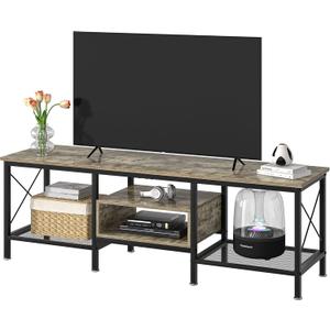 VECELO Industrial TV Stand for 70 Inch Television Cabinet 3-Tier Console with Open Storage Shelves, Entertainment Center Metal Frame for Living Room, Bedroom, 63 Inch, Grey