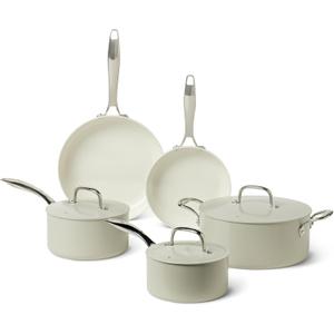 Amazon Basics Ceramic Nonstick Cookware, 8-Piece Set of Pots and Pans, Dishwasher and Oven-Safe, All Cooktop Friendly, Linen Gray