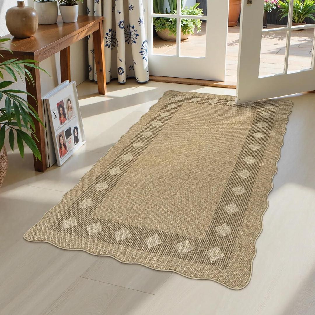 LIVEBOX Scalloped Easy Jute Diamond 3x5 Outdoor Rug, Washable Non-Slip Tan Rugs for Entryway, Geometric Checkered Indoor Outdoor Rug Farmhouse Carpet Door Mat for Patio Porch Bedroom Living Room