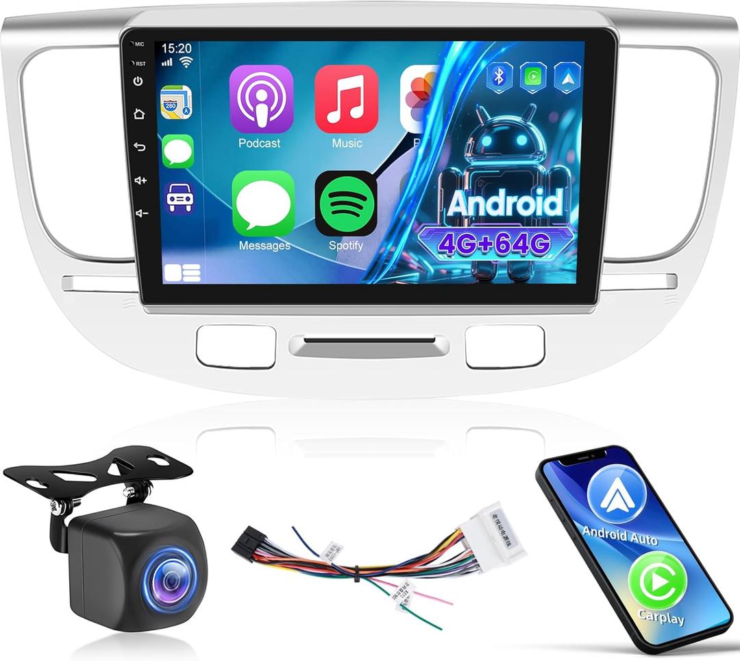 Upgrade 4GB+64GB Car Stereo for KIA Rio 2005 2006 2007 2008 2009 2010 2011 with Wireless Carplay/Android Auto - 9 Inch IPS Touchscreen Radio with 32EQ DSP/WiFi/GPS/SWC + AHD Backup Camera