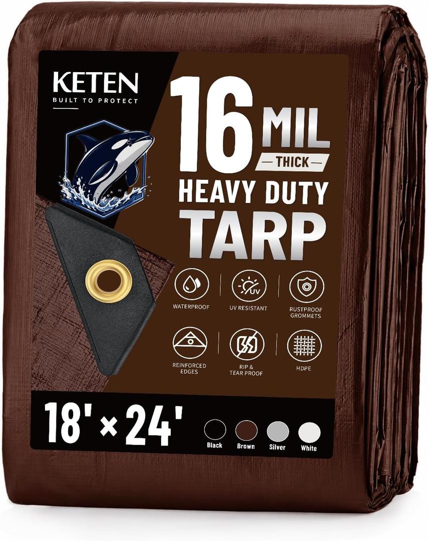 Keten Tarps Heavy Duty Waterproof 18x24 Feet, Extra Thick 16 Mil (Brown) | Tear & Fade Resistant, UV Blocking, Outdoor Tarp with Reinforced Grommets for Roof, Camping, Patio, Pool, Boat