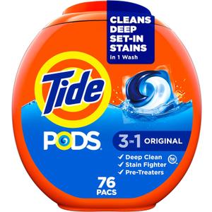Tide PODS laundry detergent pacs, 3-in-1 Stain Remover, Odor Fighter, Color Protector, 76 Count, HE compatible, Original Scent