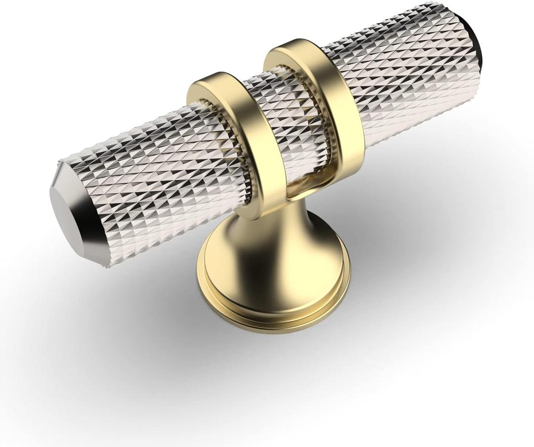 Amerdeco 10 Pack Brushed Satin Nickel Cabinet Knobs 2 Inch Length Single Hole T Bar Kitchen Cabinet Knob Knurled Cabinet Pulls for Drawer Dresser Cupboard ZH0025 (Nickel+gold)