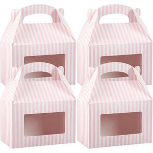 Restaurantware Bio Tek 8.5 x 4.8 x 5.5 Inch Gable Boxes For Party Favors, 25 Attractive Gift Boxes - Striped Design, With Clear PET Window, Pink And White Paper Barn Boxes, Built-In Handle
