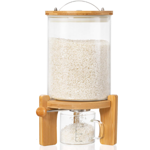 HBlife 5-7 Lbs Glass Rice Dispenser with Wooden Stand Flour and Cereal Container with Glass Measuring Cup Pantry Food Organization Storage Bin with Airtight Bamboo Lid, 3L