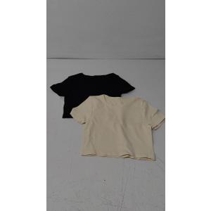 OQQ Womens 2 Piece Shirts Short Sleeve Crew Neck Ruched Stretch Fitted Tee Shirts Crop Tops Black/Beige S