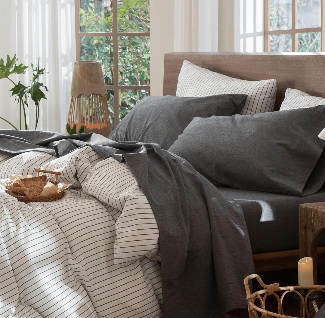 MooMee Bedding Sheet Set 100% Washed Cotton Linen Like Textured Breathable Durable Soft Comfy (Heathered Dark Grey, Queen)