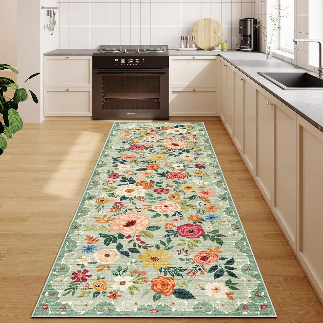 DUKINO 2.6x8 Kitchen Runner Rug for Hallway, Washable Runner Rug with Non Slip Backing, Low Pile Soft Boho Floral Carpet for Hallway, Kitchen, Entryway, Laundry, Bedroom, Green