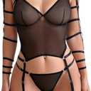 Bound Beauty Lingerie Mesh Adjustable Strap Black Outfit for Women Choker Garter Belt Sexy Bodysuit Set L