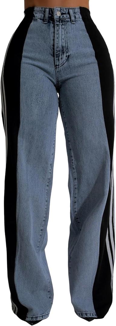 Nihsatin Women's Two Tone Jeans Wide Leg High Waisted Stretchy Buttoned Denim Pants (Large, Black)