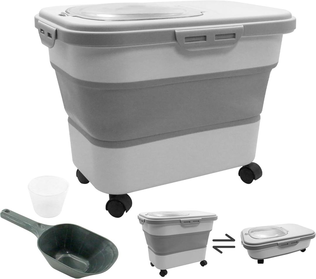 20-30 Lbs Rice and Pet Food Storage Container - Collapsible Airtight Food Storage with Rolling Wheel & Locking Lid, Flour Container with Cup & Scoop for Rice, Flour, Pet Food (Grey)