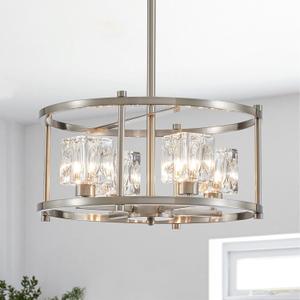 Brushed Nickel Ceiling Light Modern 4-Light Pendant Lighting Fixture 15.7" Adjustable Height Chandeliers with Glass Lampshade Rustic Round Lights for Bedroom Dining Room Kitchen Foyer