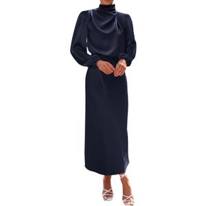 BTFBM Womens Mock Neck Satin Dress Spring Summer 2026 Long Sleeve Lightweight Formal Wedding Party Maxi Cocktail Dresses (XX-Large, Navy)