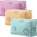 Photect 3 Pcs Corduroy Cosmetic Bag Smile Face Aesthetic Preppy Pencil Pouch Purse Travel Beauty Makeup Bags for School Christmas Women Holiday Organizer Gifts(Classic,Pink, Yellow, Green)