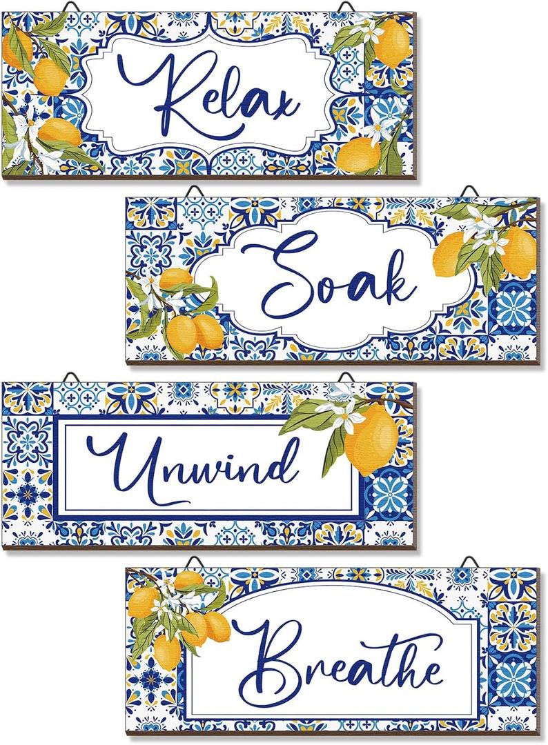 3 Pcs Italian Lemons Bathroom Wall Decor Blue Flower Pattern Lemon Art Yellow Lemon Tree Hanging Paintings Wall Blue Lemon Bathroom Wooden Hanging Signs for Home Laundry Spa Room