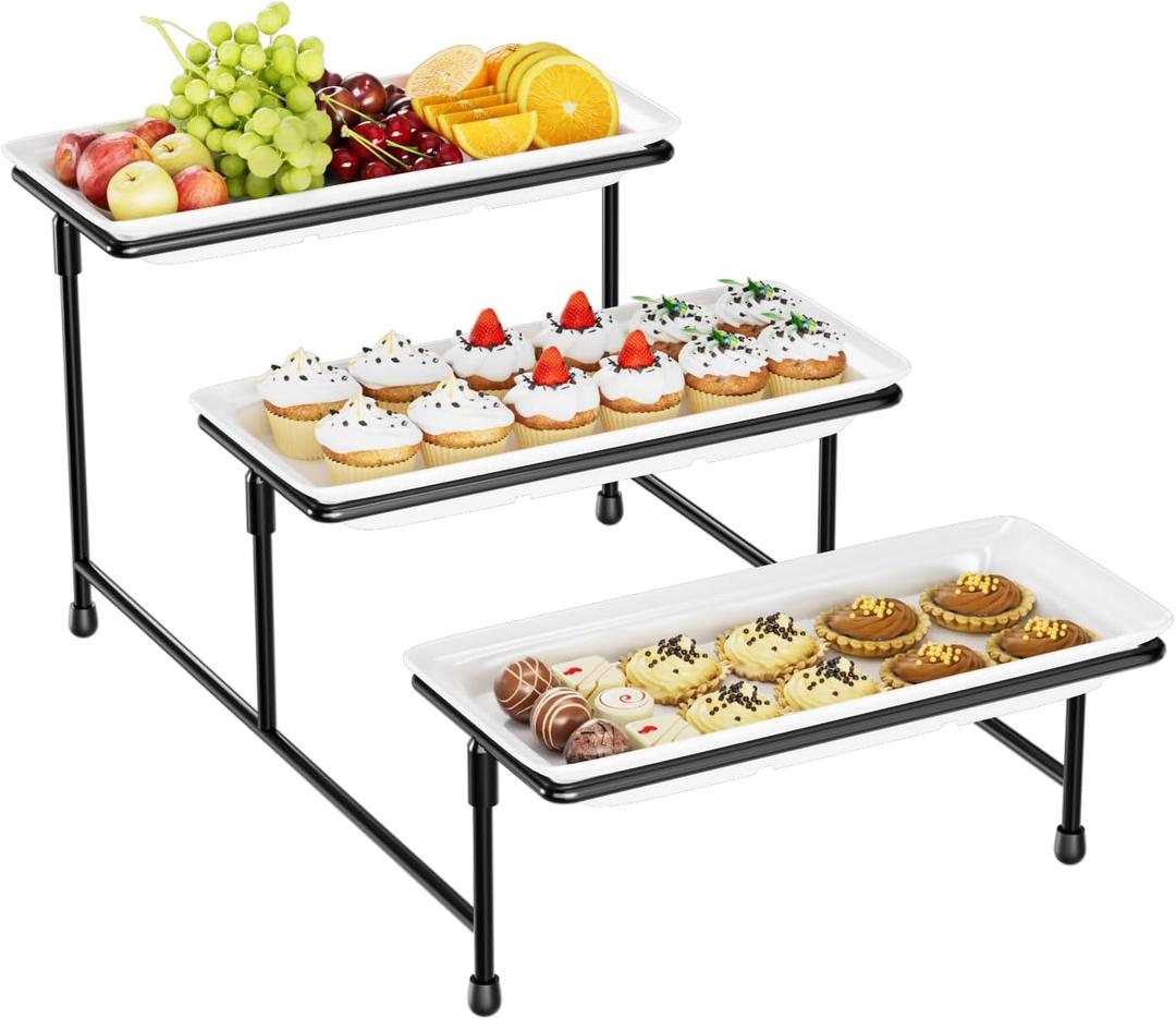3 Tier Serving Tray for Party, 14"x7" Tiered Serving Platters with Steel Display Stand for Sevring Food,Cookies,Veggie, Dessert,Fruit, Black