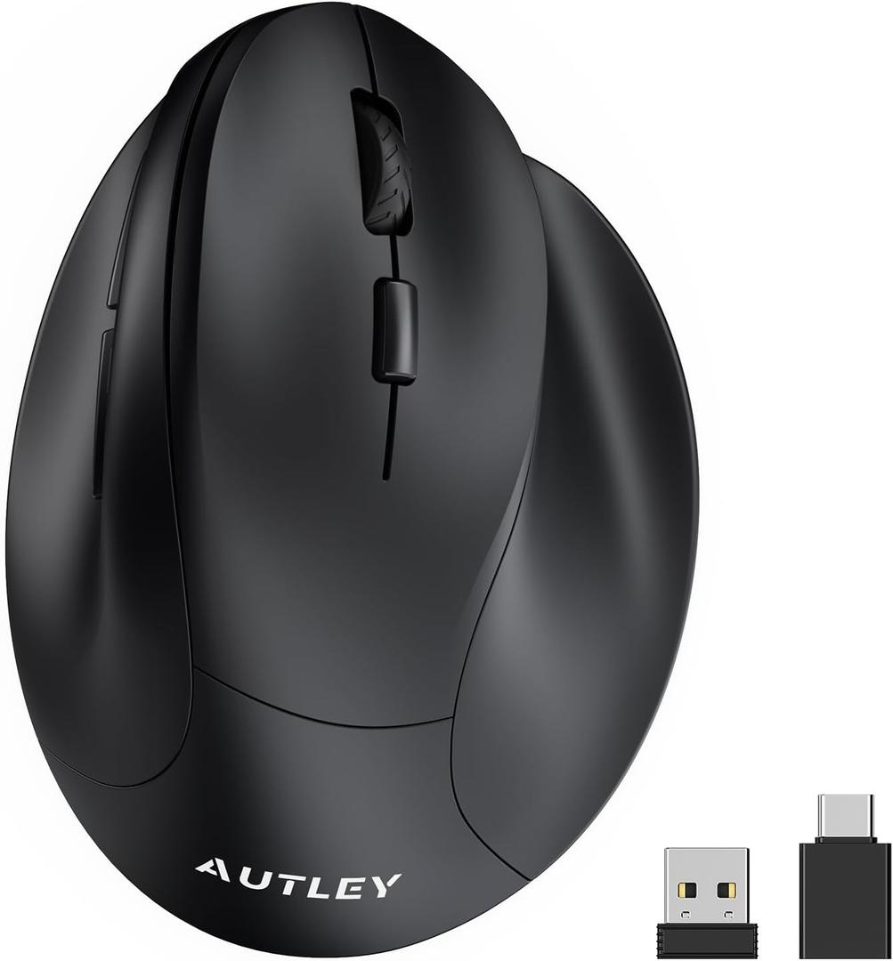 AUTLEY Ergonomic Mouse for Large Hands, Rechargeable Vertical Mouse, 2.4GHz Wireless Computer Mouse for Windows/macOS - 6 Buttons, Low Power Warning, 800/1200/1600 DPI, Black