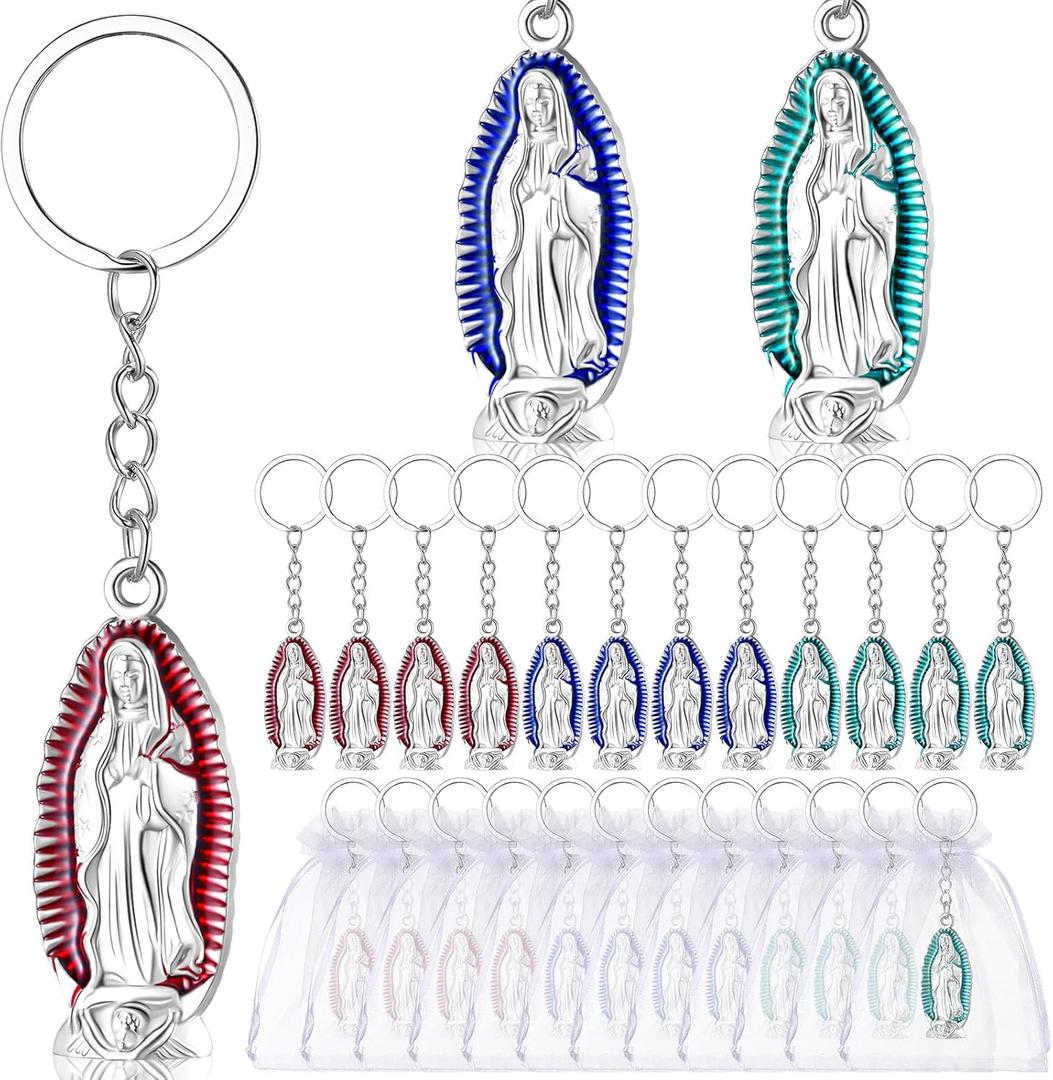 24 Pcs Our Lady of Guadalupe Keychains Baptism Favors for Guests First Communion Christening Gift Religious Christian Key Rings with Organza Bags Memorial Recuerdos De Bautizo Para Nia Nio