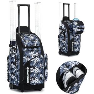 Rolling Baseball Bag with Wheels, 60L Capacity Softball Bag Holds 4 Bats for Boys and Girls, Youth Equipment Bag with Shoe Compartment (Blue Camo)