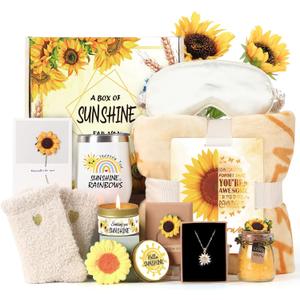 Sending Sunshine Gift, 11pcs Christmas Gifts Care Package Get Well Soon Gifts Basket for Friend Sister Her Mom with Inspirational Tumbler BlanketChristmas Gift, (Yellow)