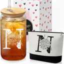 2 x Custom Glass Cup & Makeup Bag Set - Personalized Gifts for Women, Initial 16 oz Glass Tumbler with Lid & Straw, Monogram Makeup Bag - Birthday Gifts For Women, Mother's Day Presents(N)
