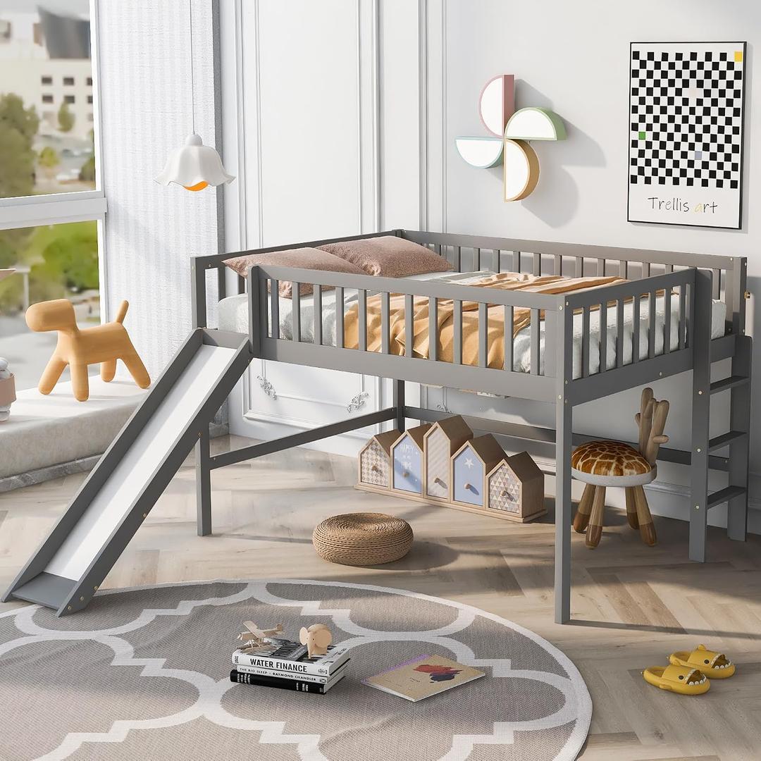 Merax Full Size Wood Low Loft Bed Frame with Slide for Kids Girls Boys,Full Length Guardrails, Gray