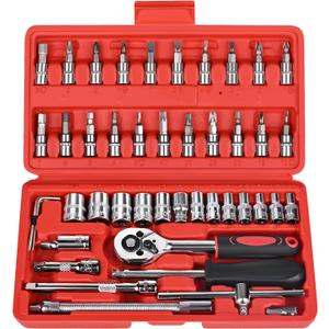 46PCS Socket Ratchet Wrench Set, 1/4 Inch Drive Small Tool Set with Screwdriver Bit Sockets Extension Bar and Storage Case, Metric Socket Set for Car Repair and Home Use