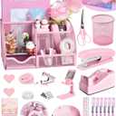 Pink Desk Accessories, 24Pcs Pink Office Supplies and Desk Organizers, with Tape Dispenser, Stapler, Staple Remover, Ect, Gift Box Packaging